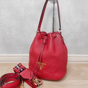 PRADA Vitello Daino Drawstring Bucket Bag Shoulder Handbag Leather Rosso Red